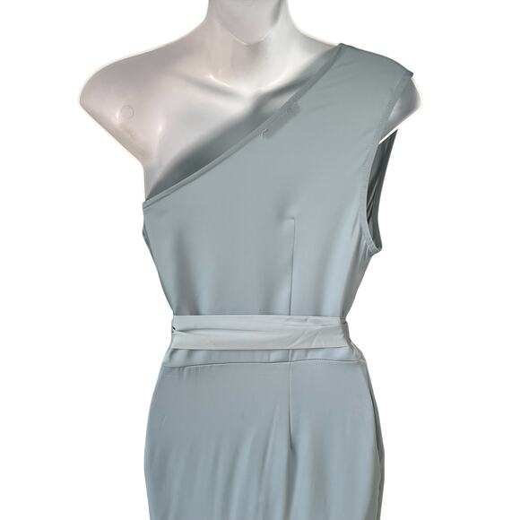 New Ruched Pale Blue Bodycon Dress Sz M One Shoulder Wrap Satin Cocktail Wedding - Picture 10 of 15